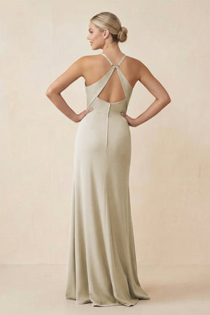 Cami Strap Sheath Ruched Bridesmaid Dress With Slit in Dove Gray - KissProm Bridesmaid Dresses