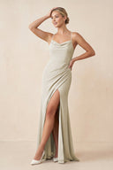 Cami Strap Sheath Ruched Bridesmaid Dress With Slit in Dove Gray - KissProm Bridesmaid Dresses