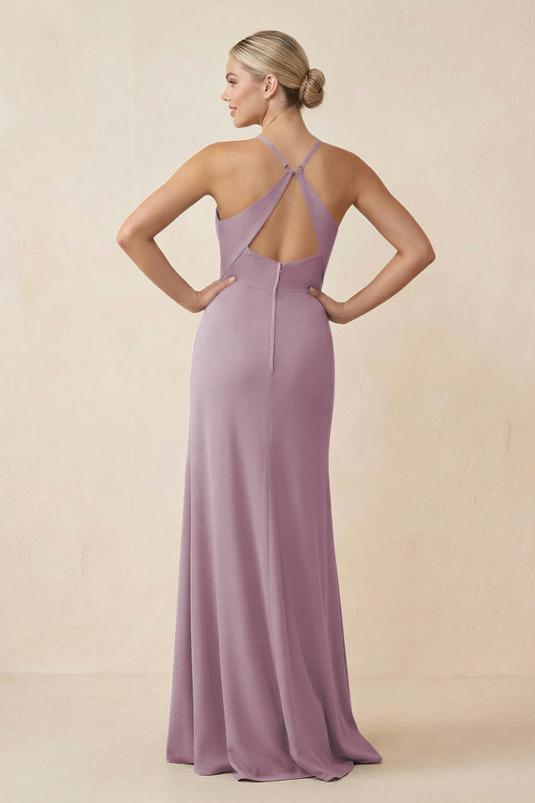 Cami Strap Sheath Ruched Bridesmaid Dress With Slit in Dusk - KissProm Bridesmaid Dresses