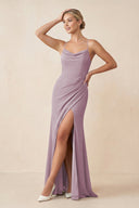 Cami Strap Sheath Ruched Bridesmaid Dress With Slit in Dusk - KissProm Bridesmaid Dresses