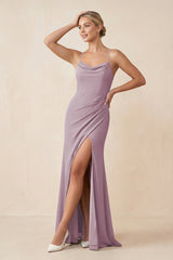 Cami Strap Sheath Ruched Bridesmaid Dress With Slit in Dusk - KissProm Bridesmaid Dresses