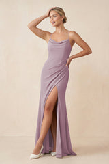 Cami Strap Sheath Ruched Bridesmaid Dress With Slit in Dusk - KissProm Bridesmaid Dresses