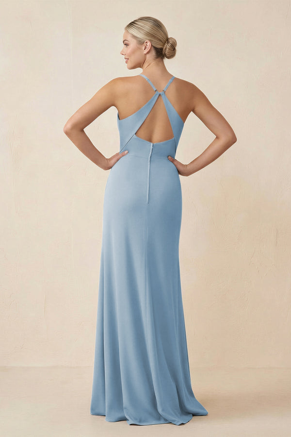 Cami Strap Sheath Ruched Bridesmaid Dress With Slit in Dusty Blue - KissProm Bridesmaid Dresses