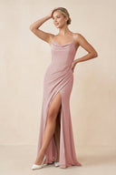 Cami Strap Sheath Ruched Bridesmaid Dress With Slit in Dusty Rose - KissProm Bridesmaid Dresses
