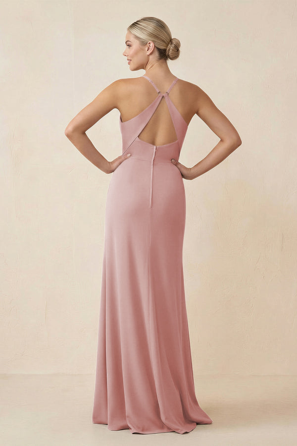 Cami Strap Sheath Ruched Bridesmaid Dress With Slit in Dusty Rose - KissProm Bridesmaid Dresses