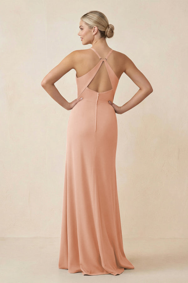 Cami Strap Sheath Ruched Bridesmaid Dress With Slit in English Rose - KissProm Bridesmaid Dresses