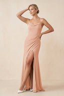 Cami Strap Sheath Ruched Bridesmaid Dress With Slit in English Rose - KissProm Bridesmaid Dresses