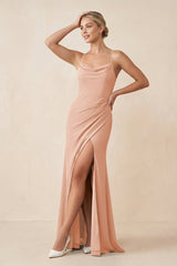 Cami Strap Sheath Ruched Bridesmaid Dress With Slit in English Rose - KissProm Bridesmaid Dresses