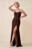 Cami Strap Sheath Ruched Bridesmaid Dress With Slit in Espresso - KissProm Bridesmaid Dresses
