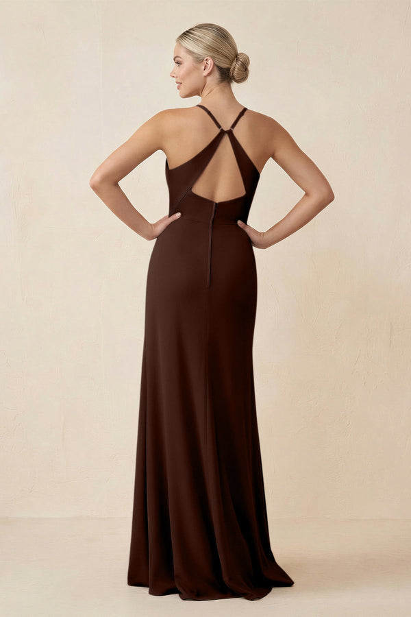 Cami Strap Sheath Ruched Bridesmaid Dress With Slit in Espresso - KissProm Bridesmaid Dresses
