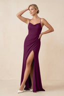 Cami Strap Sheath Ruched Bridesmaid Dress With Slit in Fig - KissProm Bridesmaid Dresses