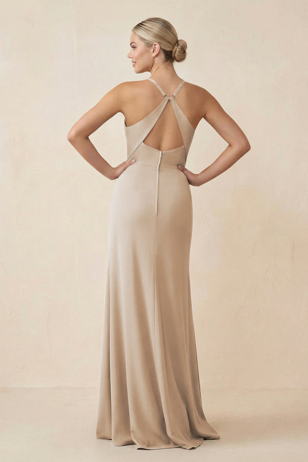 Cami Strap Sheath Ruched Bridesmaid Dress With Slit in Frost - KissProm Bridesmaid Dresses