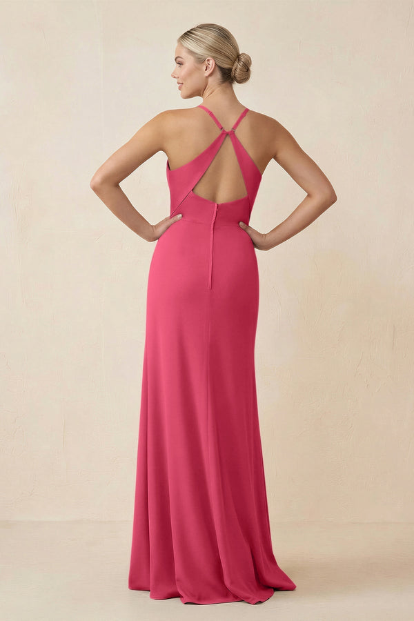 Cami Strap Sheath Ruched Bridesmaid Dress With Slit in Fuchsia - KissProm Bridesmaid Dresses