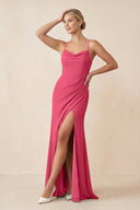 Cami Strap Sheath Ruched Bridesmaid Dress With Slit in Fuchsia - KissProm Bridesmaid Dresses