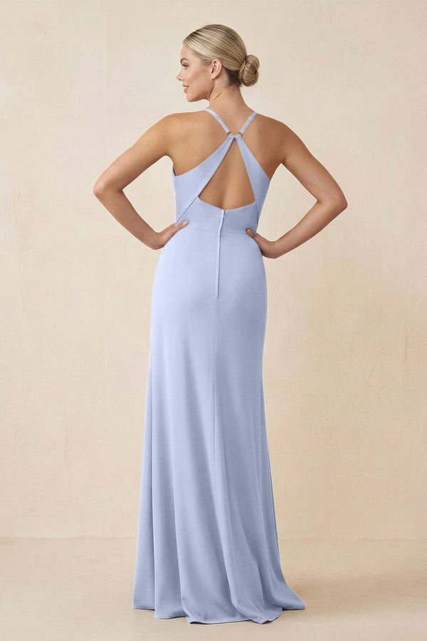 Cami Strap Sheath Ruched Bridesmaid Dress With Slit in Ice - KissProm Bridesmaid Dresses