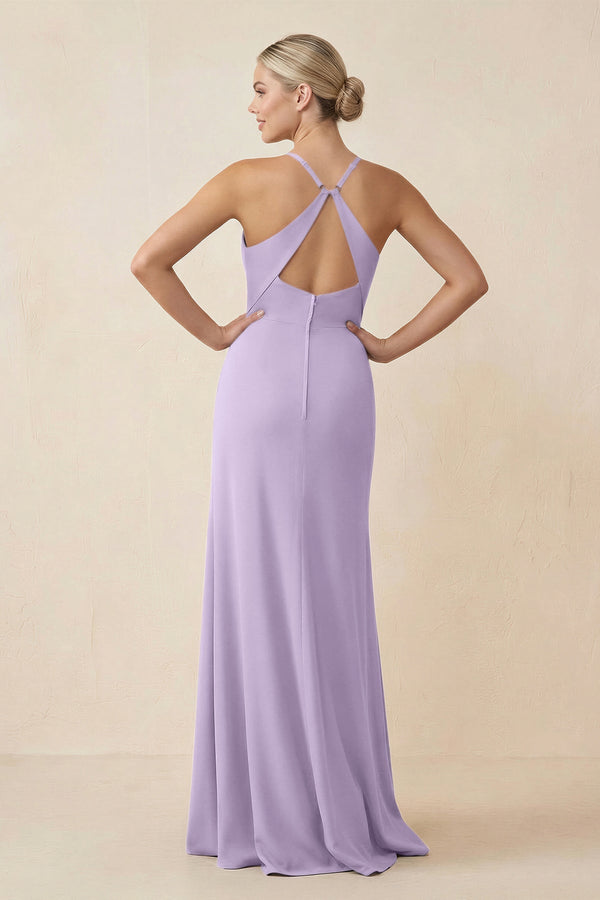 Cami Strap Sheath Ruched Bridesmaid Dress With Slit in Lavender - KissProm Bridesmaid Dresses