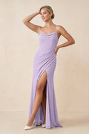 Cami Strap Sheath Ruched Bridesmaid Dress With Slit in Lavender - KissProm Bridesmaid Dresses