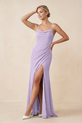 Cami Strap Sheath Ruched Bridesmaid Dress With Slit in Lavender - KissProm Bridesmaid Dresses