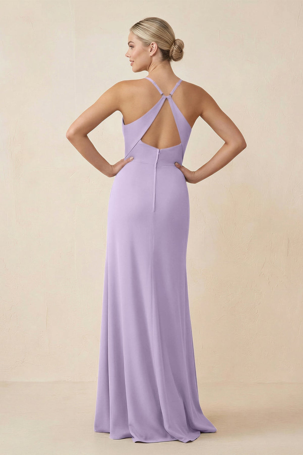 Cami Strap Sheath Ruched Bridesmaid Dress With Slit in Lavender - KissProm Bridesmaid Dresses