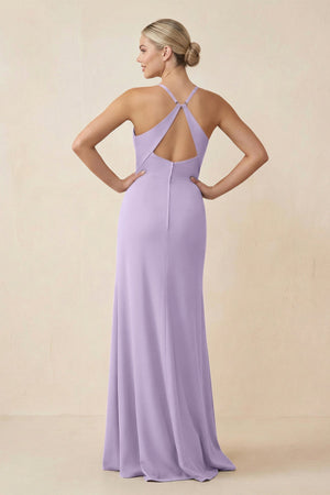 Cami Strap Sheath Ruched Bridesmaid Dress With Slit in Lavender - KissProm Bridesmaid Dresses