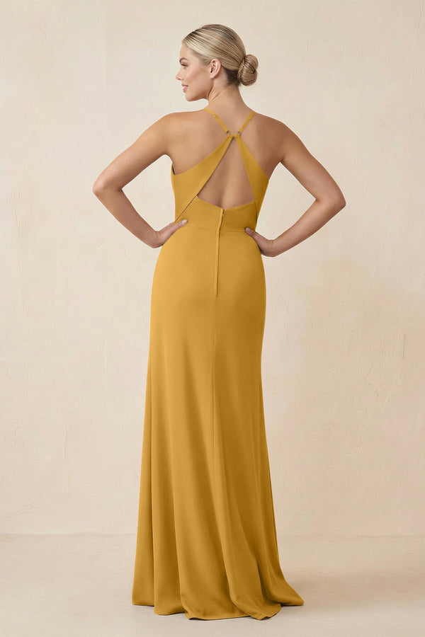 Cami Strap Sheath Ruched Bridesmaid Dress With Slit in Marigold - KissProm Bridesmaid Dresses
