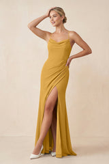 Cami Strap Sheath Ruched Bridesmaid Dress With Slit in Marigold - KissProm Bridesmaid Dresses