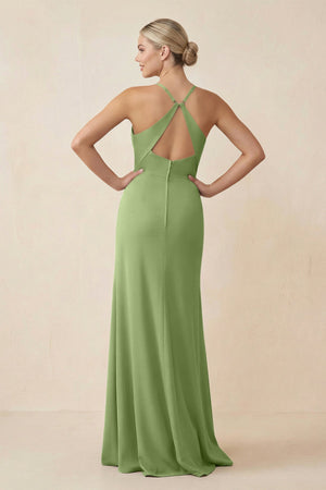 Cami Strap Sheath Ruched Bridesmaid Dress With Slit in Matcha - KissProm Bridesmaid Dresses