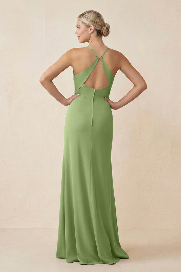 Cami Strap Sheath Ruched Bridesmaid Dress With Slit in Matcha - KissProm Bridesmaid Dresses