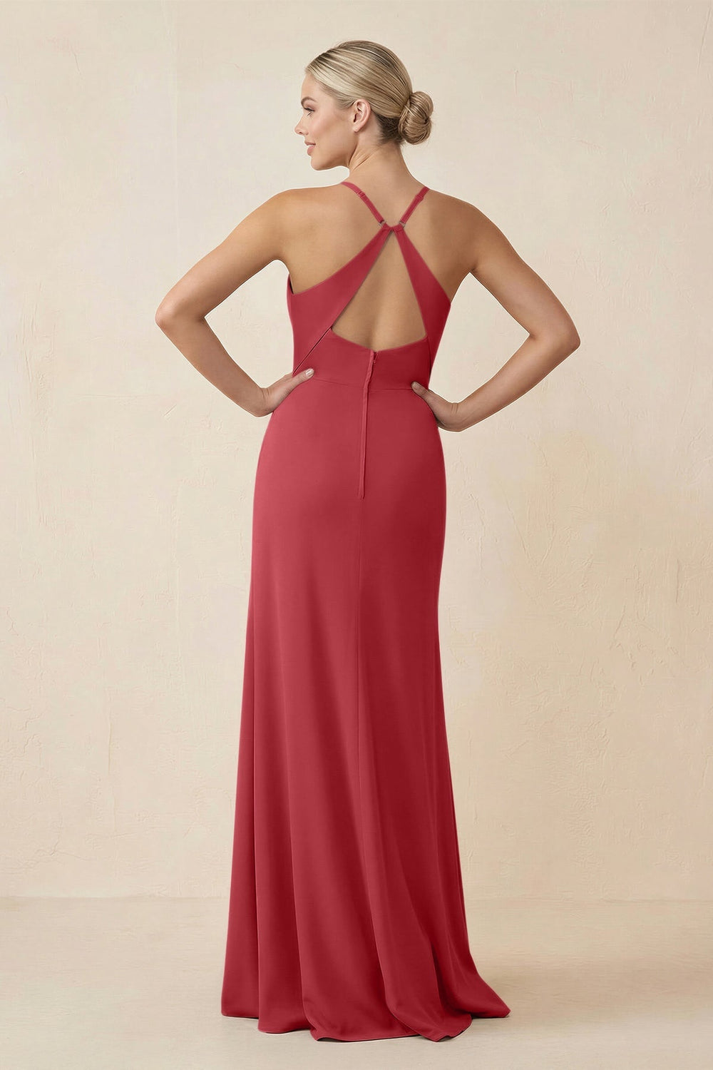 Cami Strap Sheath Ruched Bridesmaid Dress With Slit in Merlot - KissProm Bridesmaid Dresses