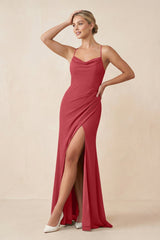 Cami Strap Sheath Ruched Bridesmaid Dress With Slit in Merlot - KissProm Bridesmaid Dresses