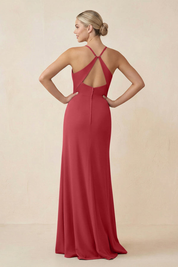 Cami Strap Sheath Ruched Bridesmaid Dress With Slit in Merlot - KissProm Bridesmaid Dresses