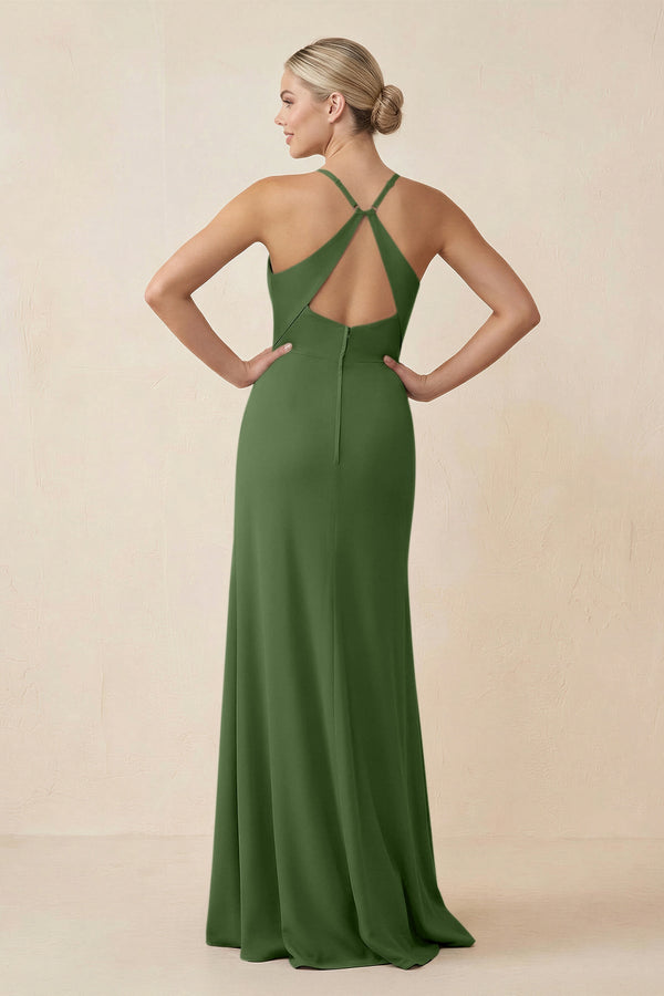 Cami Strap Sheath Ruched Bridesmaid Dress With Slit in Moss - KissProm Bridesmaid Dresses