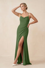 Cami Strap Sheath Ruched Bridesmaid Dress With Slit in Moss - KissProm Bridesmaid Dresses