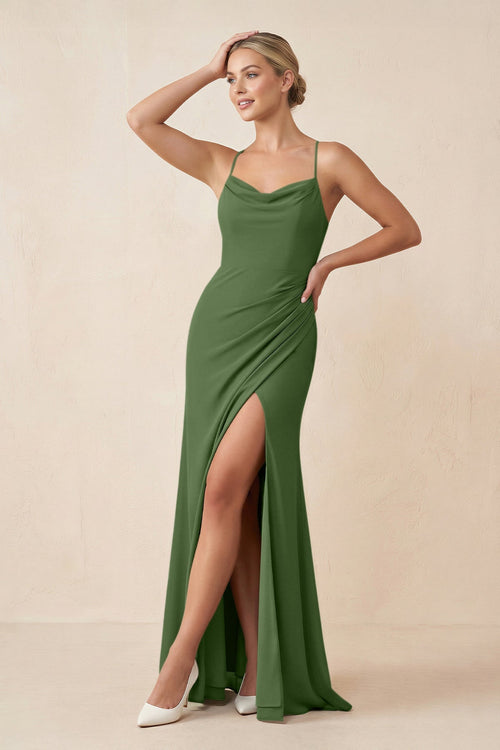 Cami Strap Sheath Ruched Bridesmaid Dress With Slit in Moss - KissProm Bridesmaid Dresses