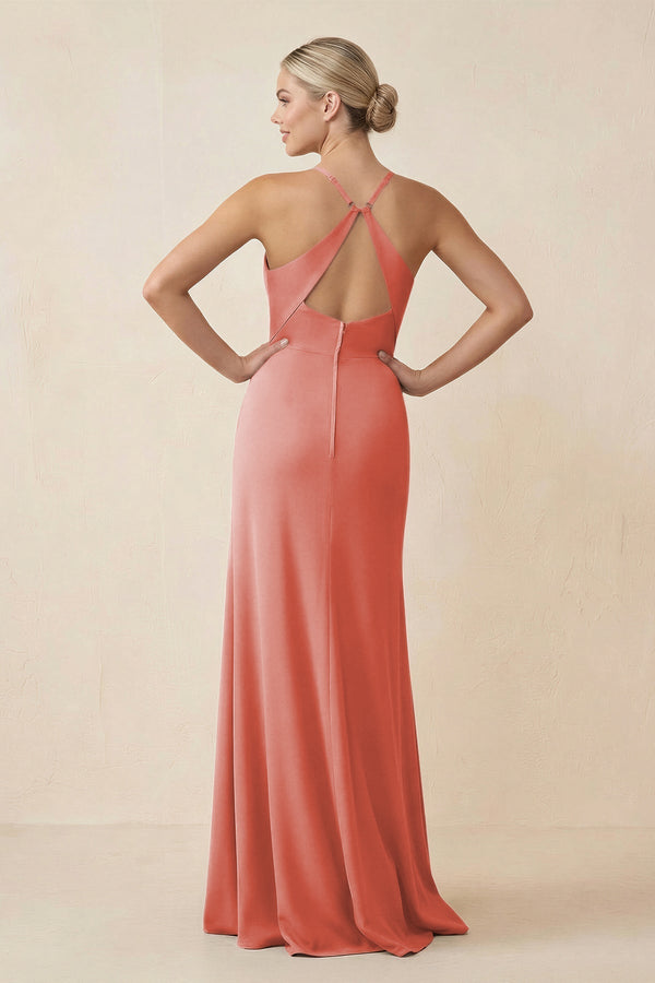 Cami Strap Sheath Ruched Bridesmaid Dress With Slit in Mulberry - KissProm Bridesmaid Dresses