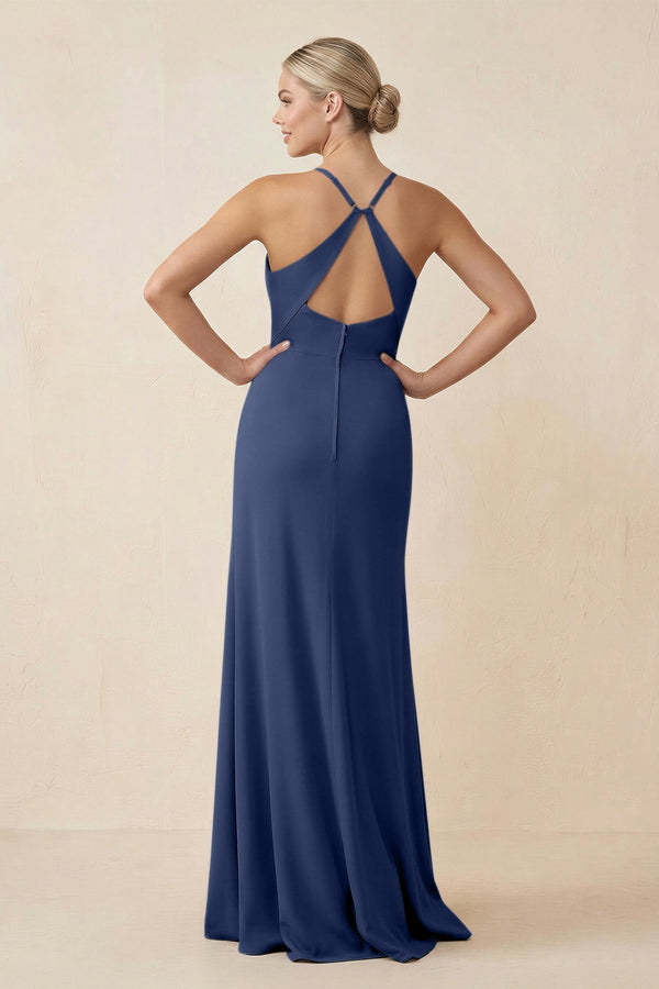 Cami Strap Sheath Ruched Bridesmaid Dress With Slit in Navy - KissProm Bridesmaid Dresses