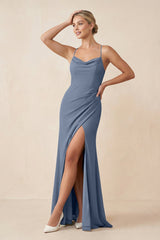 Cami Strap Sheath Ruched Bridesmaid Dress With Slit in Neptune - KissProm Bridesmaid Dresses