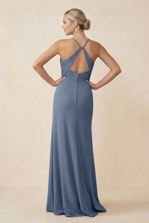 Cami Strap Sheath Ruched Bridesmaid Dress With Slit in Neptune - KissProm Bridesmaid Dresses