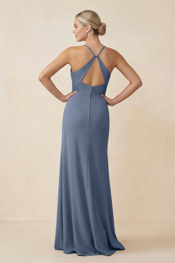 Cami Strap Sheath Ruched Bridesmaid Dress With Slit in Neptune - KissProm Bridesmaid Dresses