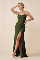 Cami Strap Sheath Ruched Bridesmaid Dress With Slit in Olive - KissProm Bridesmaid Dresses
