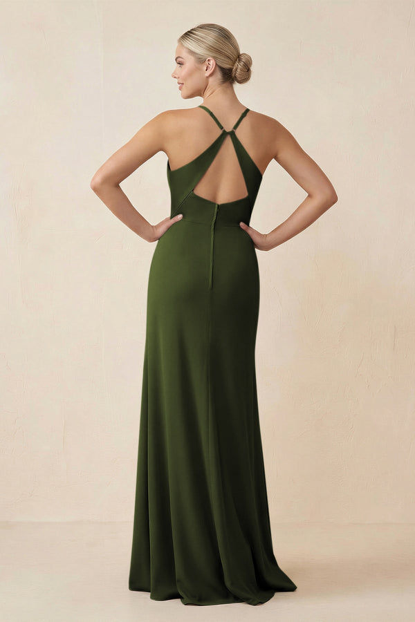 Cami Strap Sheath Ruched Bridesmaid Dress With Slit in Olive - KissProm Bridesmaid Dresses