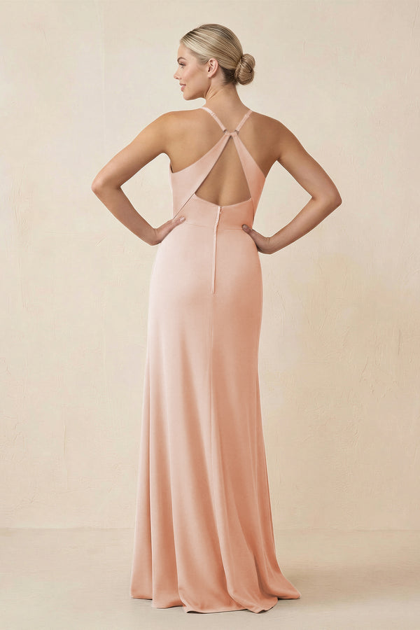 Cami Strap Sheath Ruched Bridesmaid Dress With Slit in Pale Blush - KissProm Bridesmaid Dresses