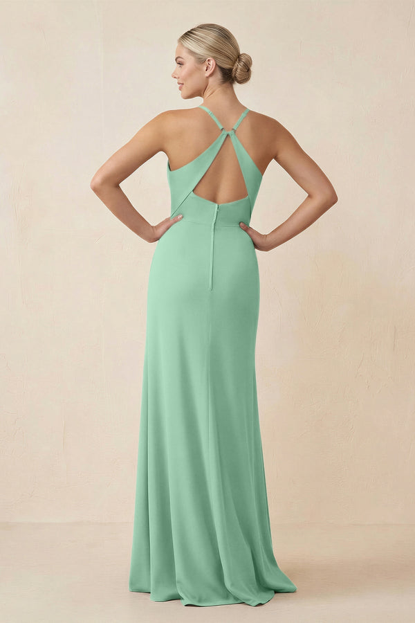 Cami Strap Sheath Ruched Bridesmaid Dress With Slit in Pale Pistachio - KissProm Bridesmaid Dresses