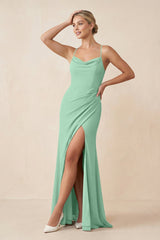 Cami Strap Sheath Ruched Bridesmaid Dress With Slit in Pale Pistachio - KissProm Bridesmaid Dresses