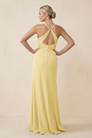 Cami Strap Sheath Ruched Bridesmaid Dress With Slit in Pastel Yellow - KissProm Bridesmaid Dresses