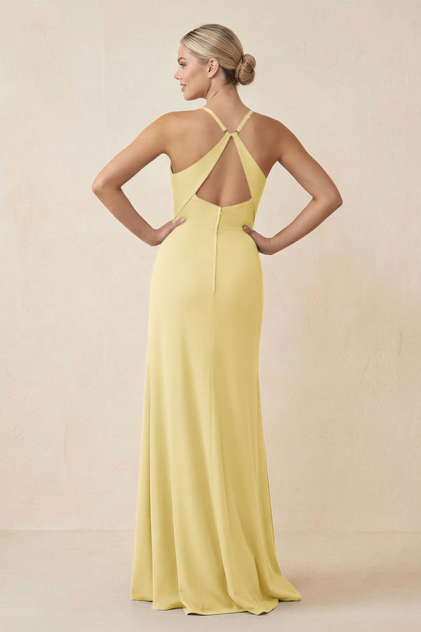 Cami Strap Sheath Ruched Bridesmaid Dress With Slit in Pastel Yellow - KissProm Bridesmaid Dresses