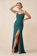 Cami Strap Sheath Ruched Bridesmaid Dress With Slit in Pine - KissProm Bridesmaid Dresses