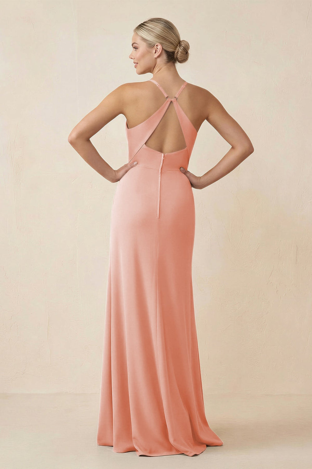 Cami Strap Sheath Ruched Bridesmaid Dress With Slit in Rose Petal - KissProm Bridesmaid Dresses