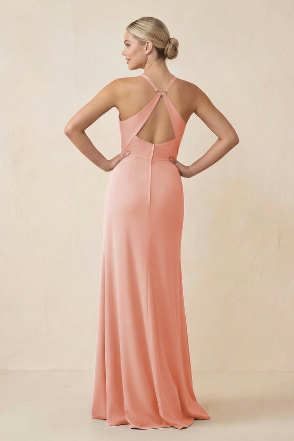 Cami Strap Sheath Ruched Bridesmaid Dress With Slit in Rose Petal - KissProm Bridesmaid Dresses