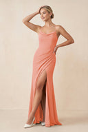 Cami Strap Sheath Ruched Bridesmaid Dress With Slit in Rosette - KissProm Bridesmaid Dresses